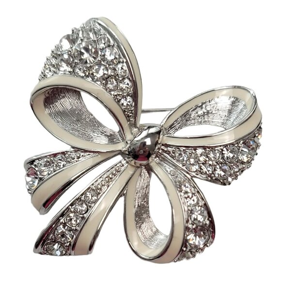 Nolan Miller Vintage Silver Tone White Enamel Clear Rhinestone Bow Brooch Signed - Picture 9 of 9
